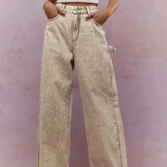 Khaki Casual Women's Washed Folded Hem Straight Leg Jeans - Picture 2 of 4